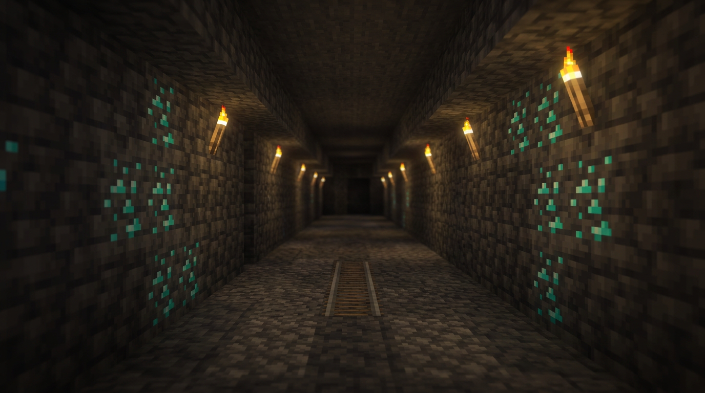 Bedrock player facing multiple deepslate diamond ore blocks in corridor