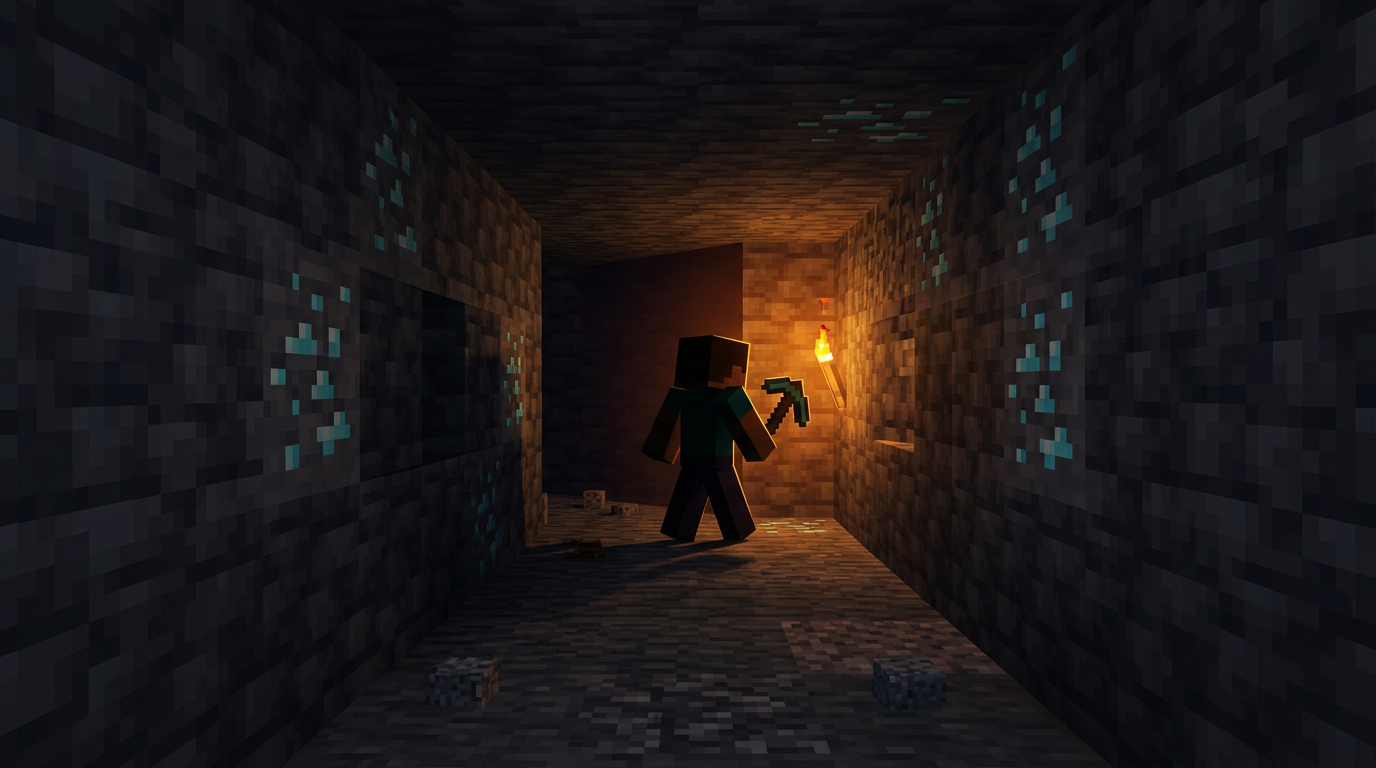 Bedrock player mining diamond ore with enchanted pickaxe at deep level