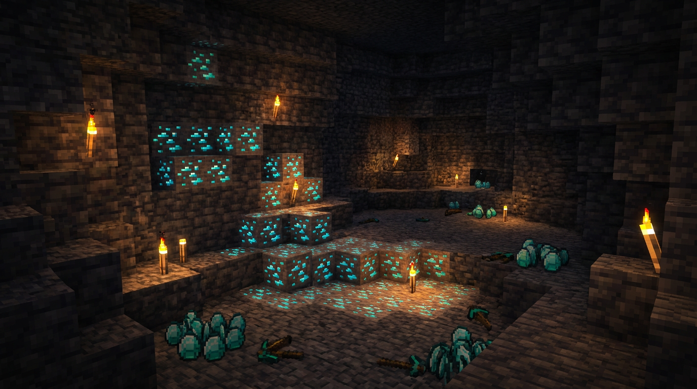 Natural Bedrock cave exposing diamond ore on deepslate wall