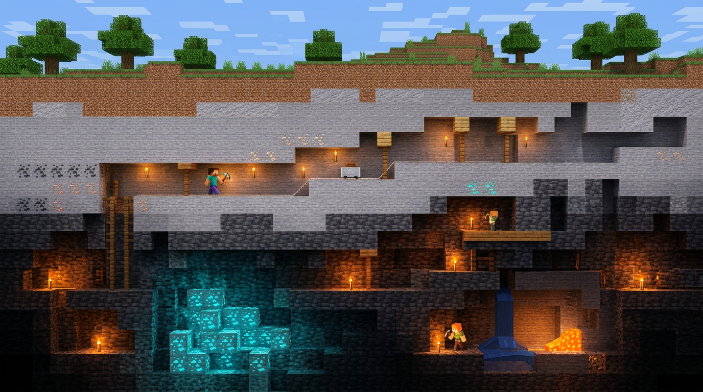 Diagram summarizing diamond Y levels from sixteen down to bedrock for both editions