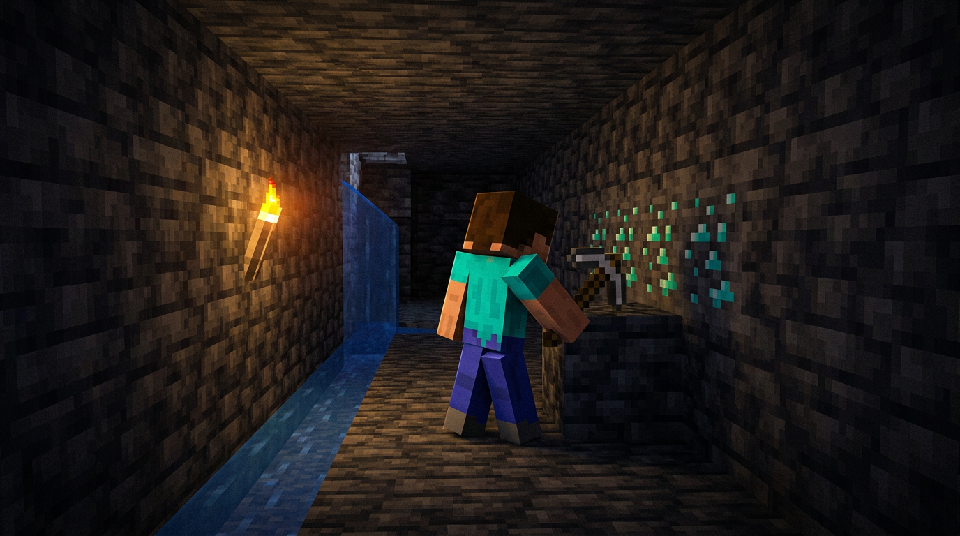 Player tunneling through deepslate with water flowing beside diamond ore
