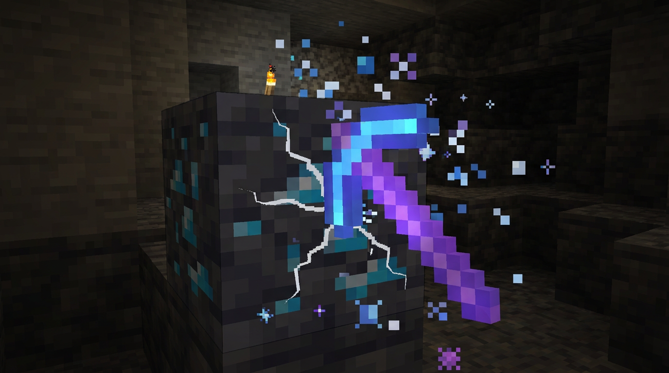 Diamond pickaxe breaking deepslate diamond ore with particle effects