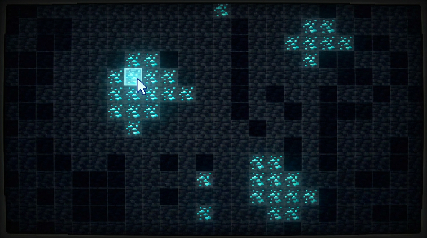 Stylized map interface showing clustered diamond ore hints around a player cursor in Java