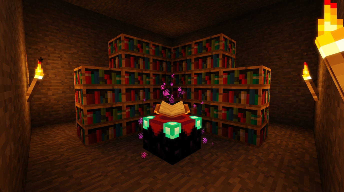 Enchanting table surrounded by bookshelves with Fortune enchantment preview