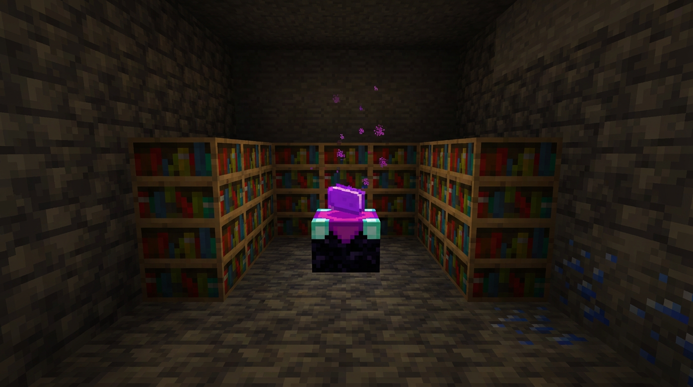 Row of bookshelves and lapis setup ready for rerolling pickaxe enchantments