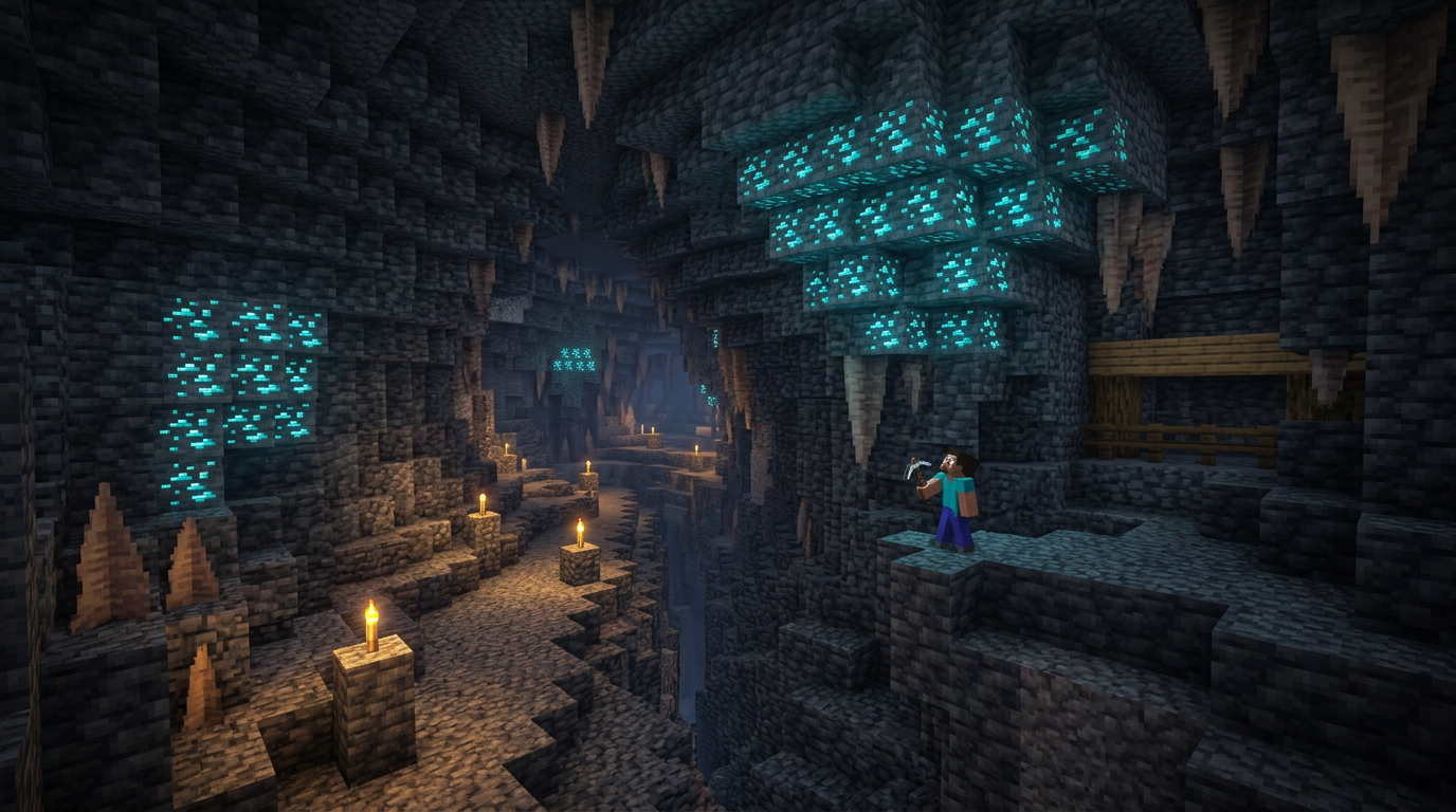Blocky diamond ore vein embedded in gray deepslate underground with torches