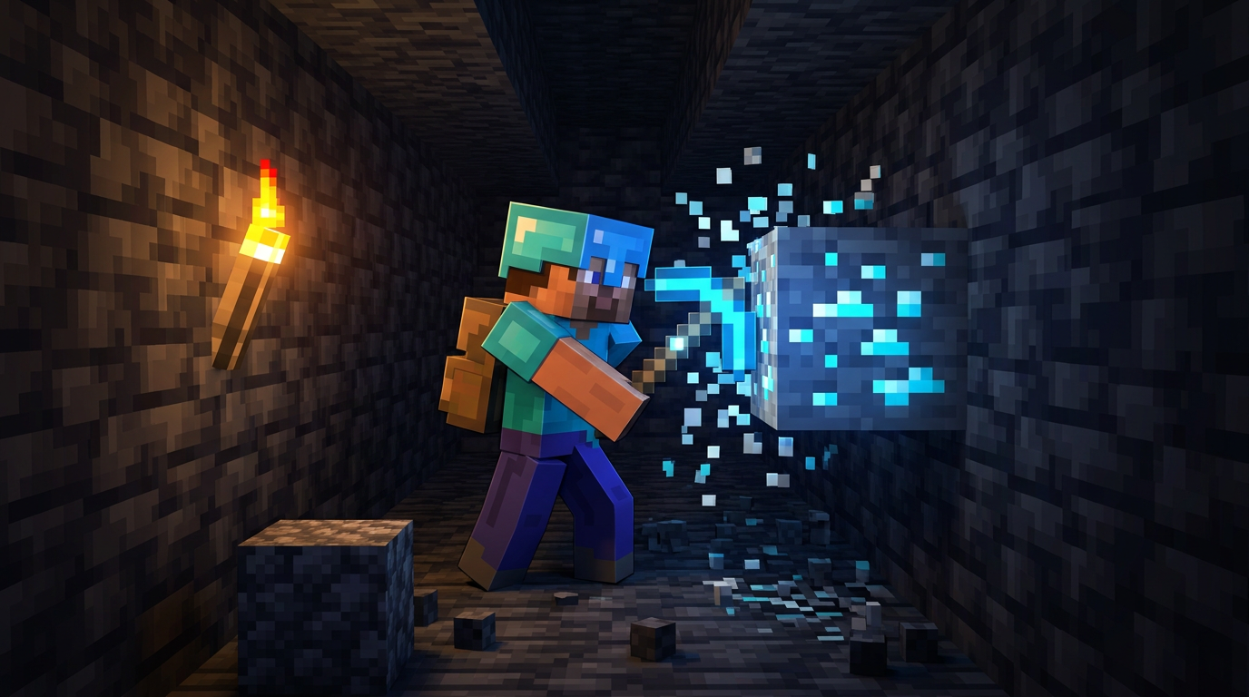 Blocky player mining a narrow deepslate tunnel at diamond depth with pickaxe
