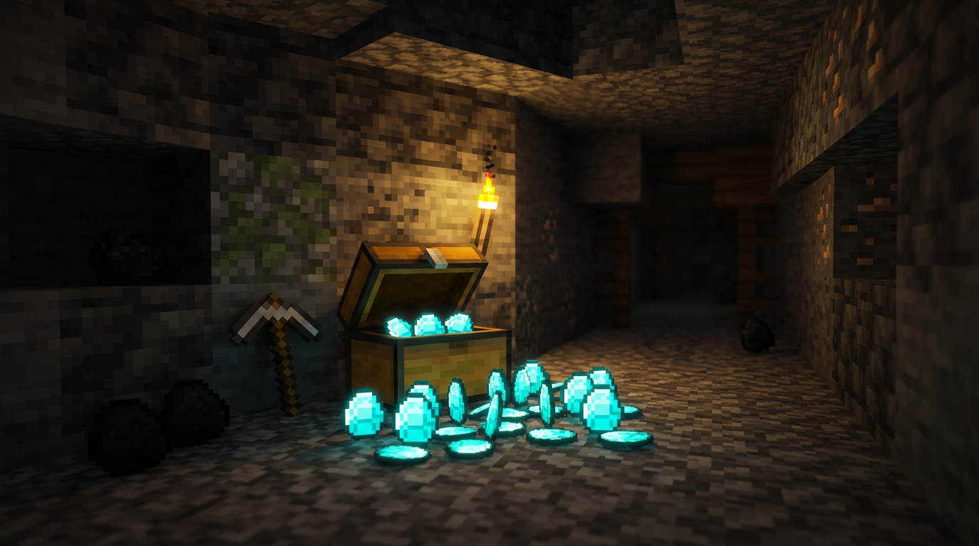 Open treasure chest and inventory grid showing stacked diamond gems from loot