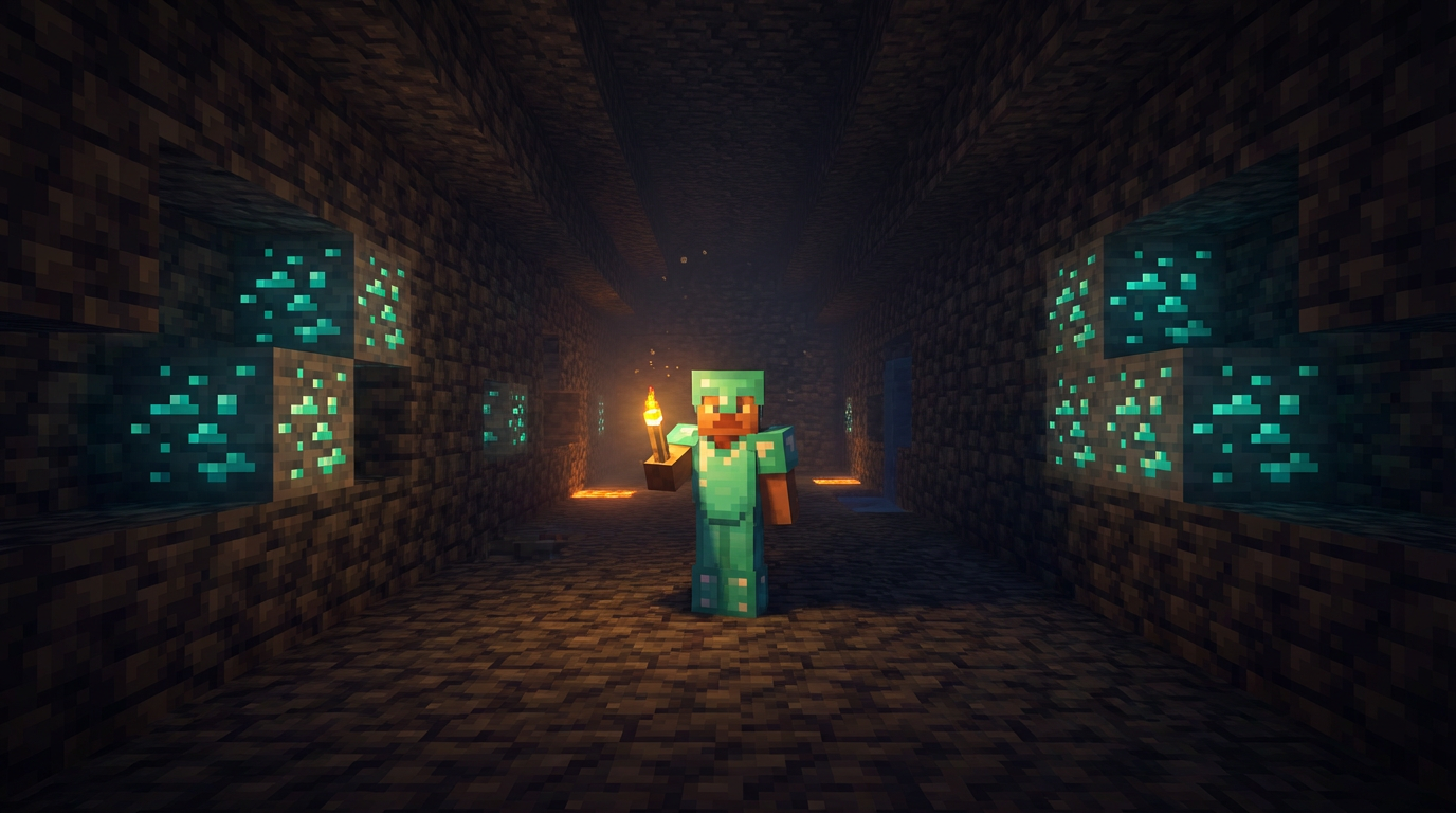 Player standing in deepslate hall at diamond depth near coordinates from a seed map