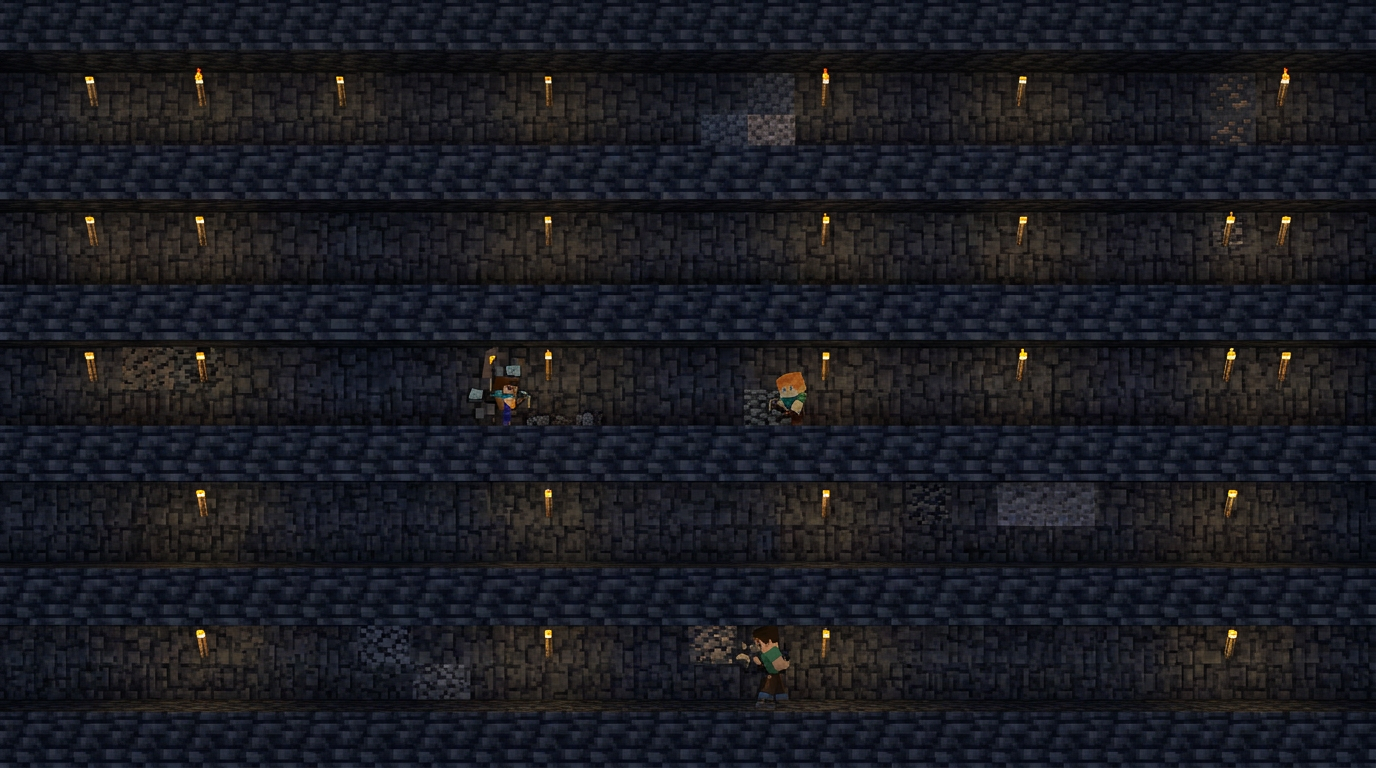 Overhead diagram of parallel strip mining lanes with two block offsets