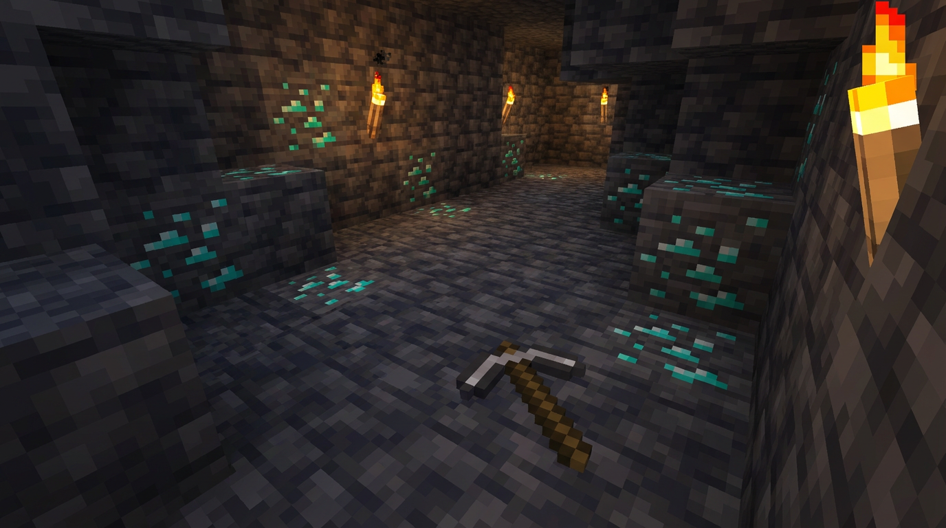 Multiple diamond ore blocks revealed in cleared deepslate floor during strip mining