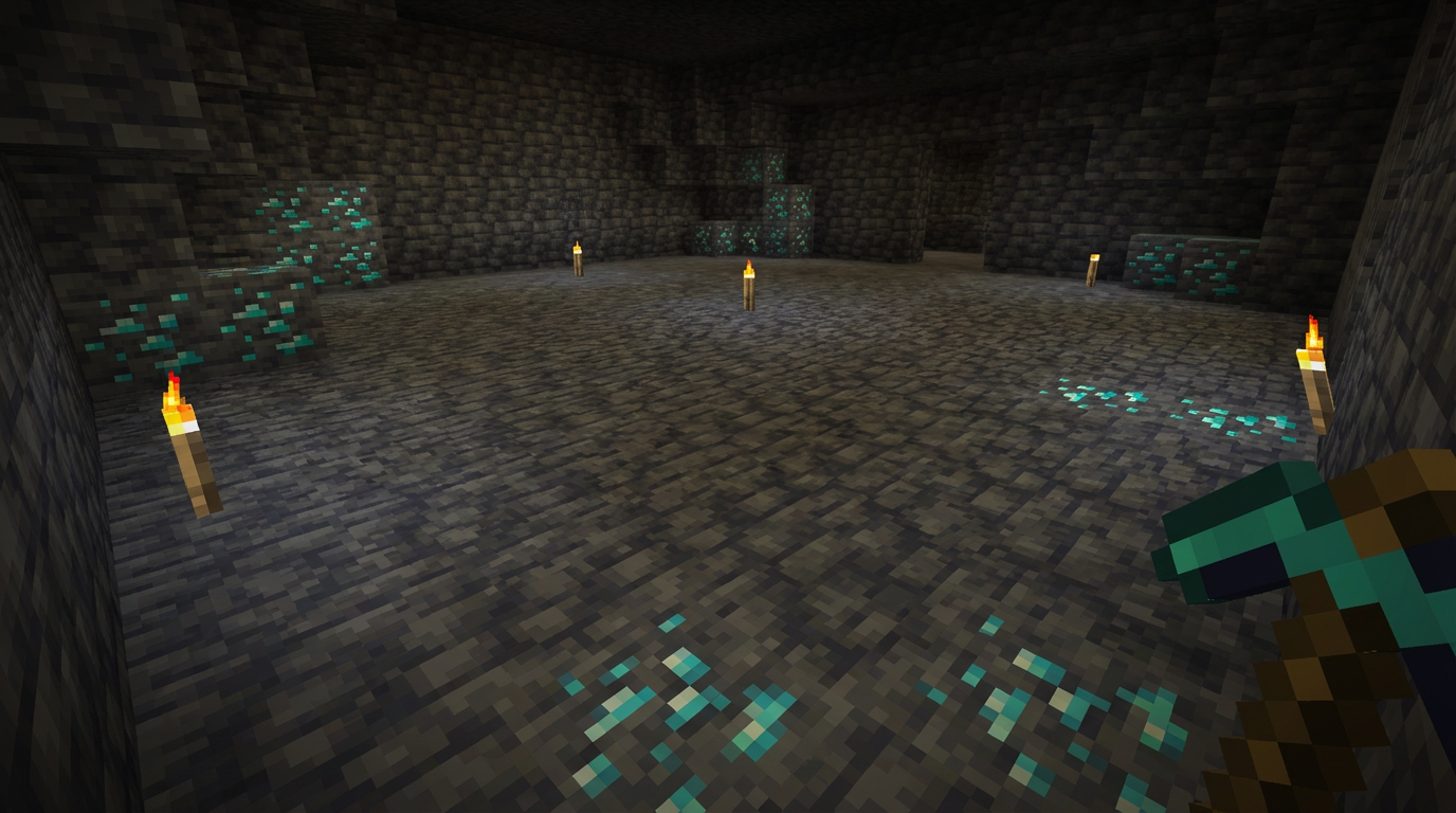 Minecraft deepslate cave with glowing diamond ores